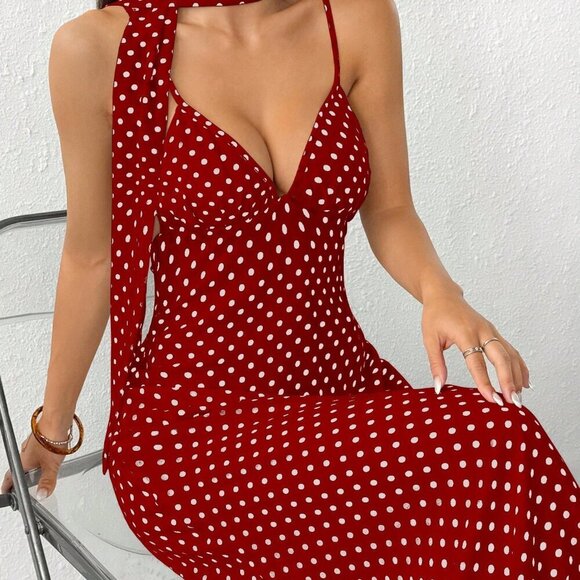 Burgundy Sexy Women's V-Neck Polka Dot Print Maxi Slip Dress - Picture 2 of 5